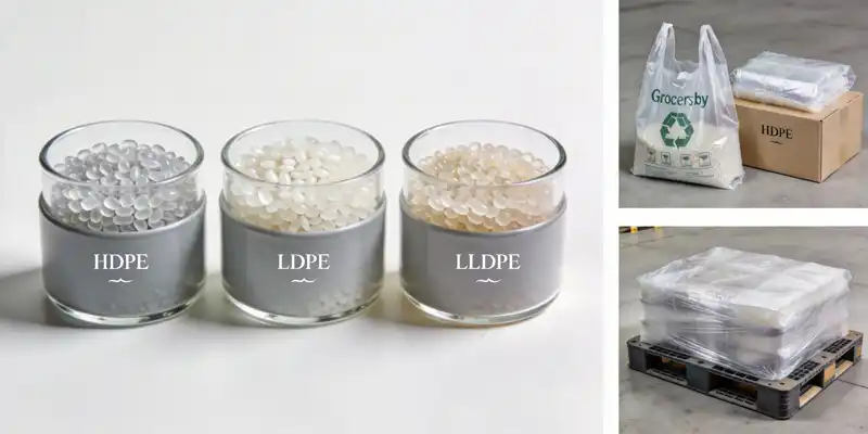 Close-up view of HDPE, LDPE, LLDPE plastic pellets beside finished film products showing material transformation