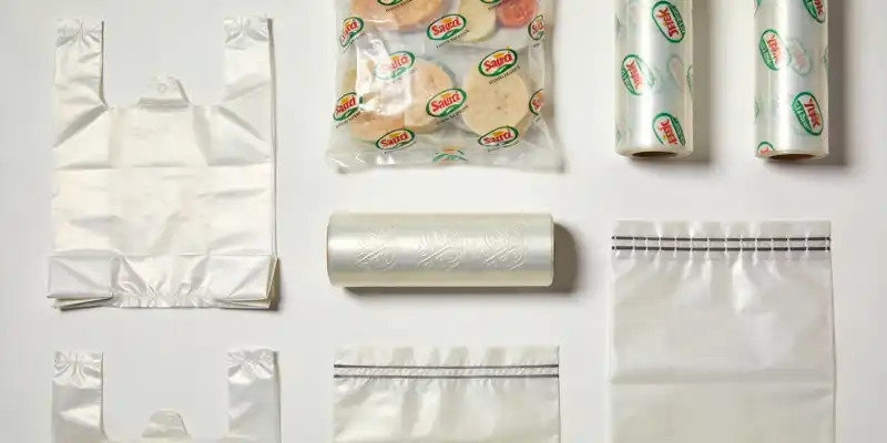 Various plastic film applications including retail bags, food packaging, and agricultural sheeting