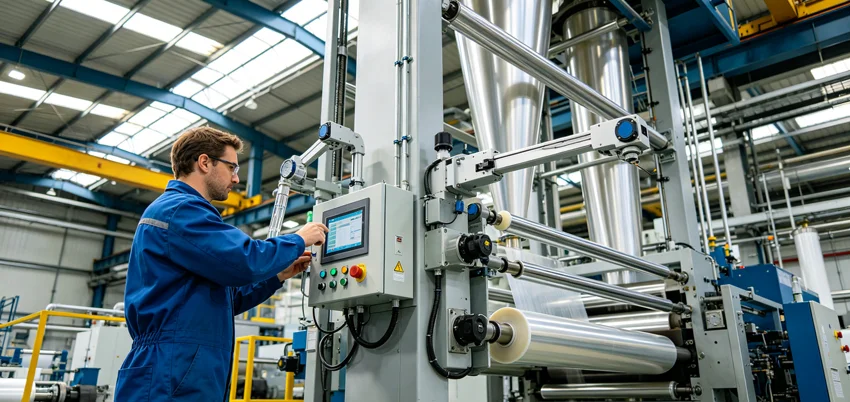 Operator adjusting an automatic gauge profile system on a blown film tower