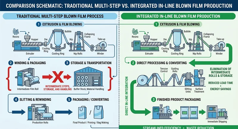 comparison schematic of traditional multi-step blown film process vs integrated in-line production showing elimination of intermediate winding and storage steps