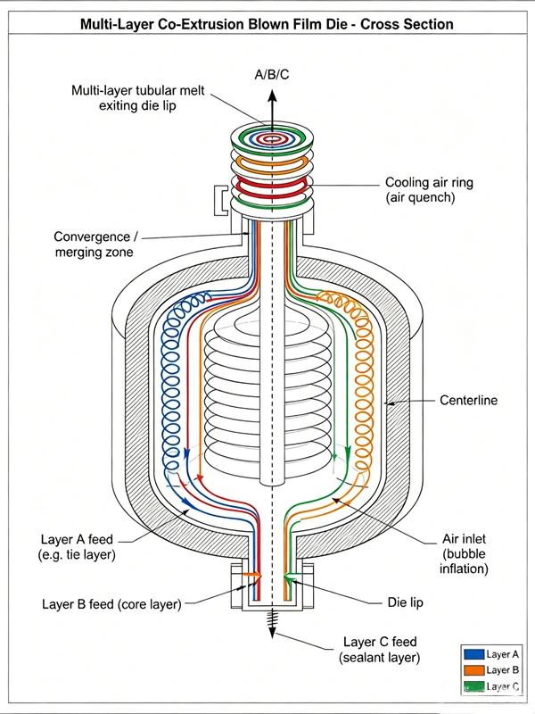 Cross-section diagram of a multi-layer co-extrusion blown film die showing separate melt channels converging at the die exit