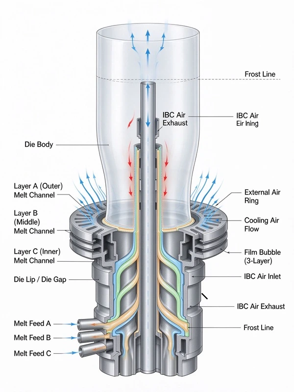 Cross-section diagram of three layer blown film die with IBC inlet/exhaust paths and external air ring